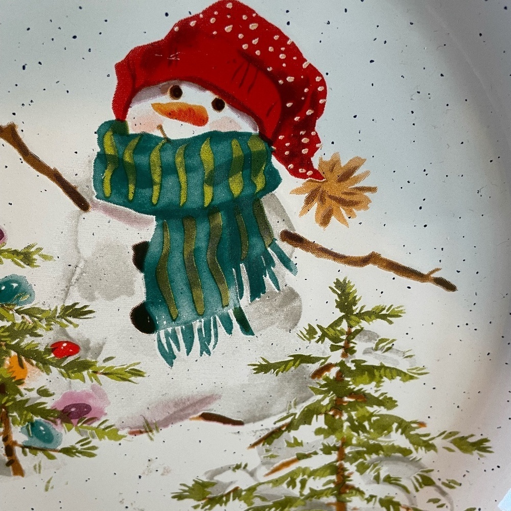 VINTAGE HALLMARK SNOWMAN/CHRISTMAS TREES  DESIGN SHALLOW BOWL/PIE DISH